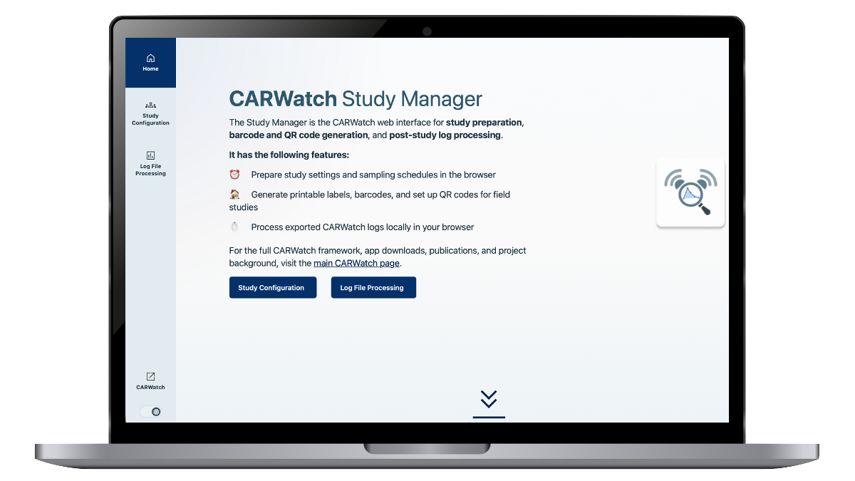 Overview screenshot of the CARWatch Study Manager interface